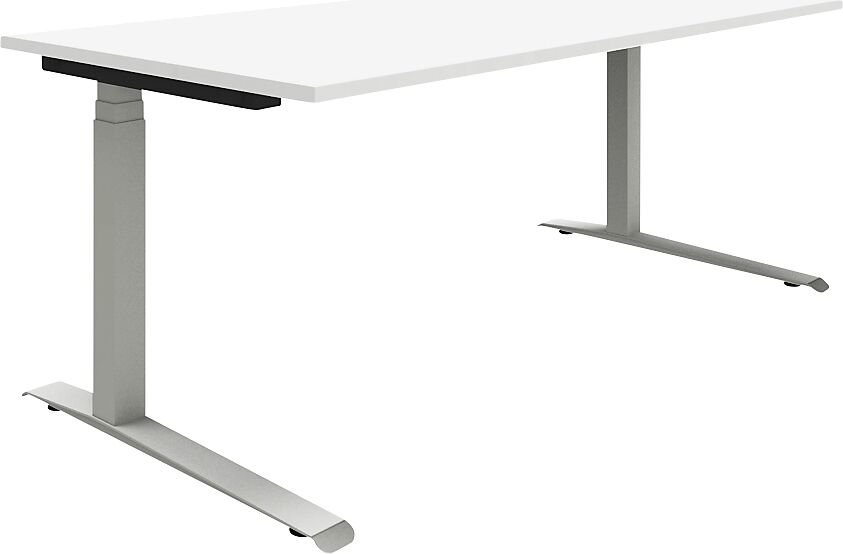 EUROKRAFTpro P12 - Schreibtisch, weiß / alusilber C-Fuß-Gestell, elektrisch höhenverstellbar BxT 1600 x 800 mm