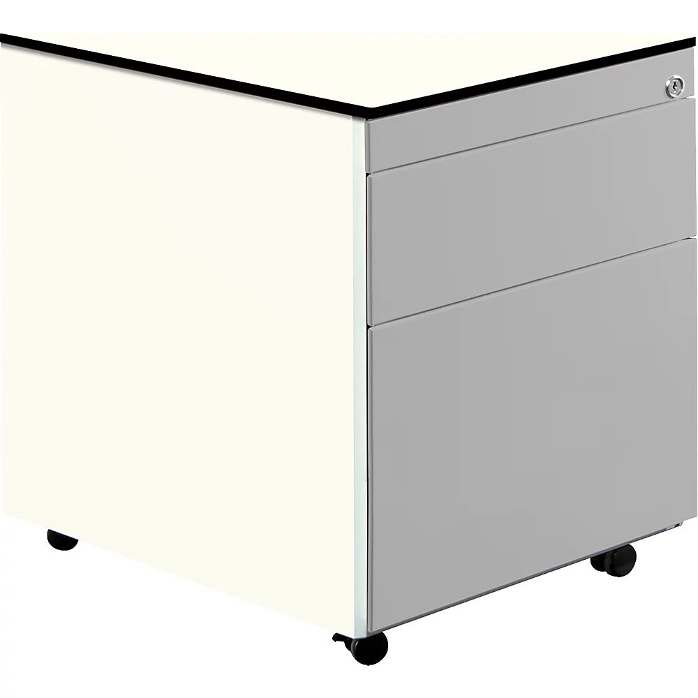 mauser Schubladencontainer mit Rollen HxT 573 x 600 mm, 1 Materialschub, 1 Hängeregistratur reinweiß / weißaluminium / weiß
