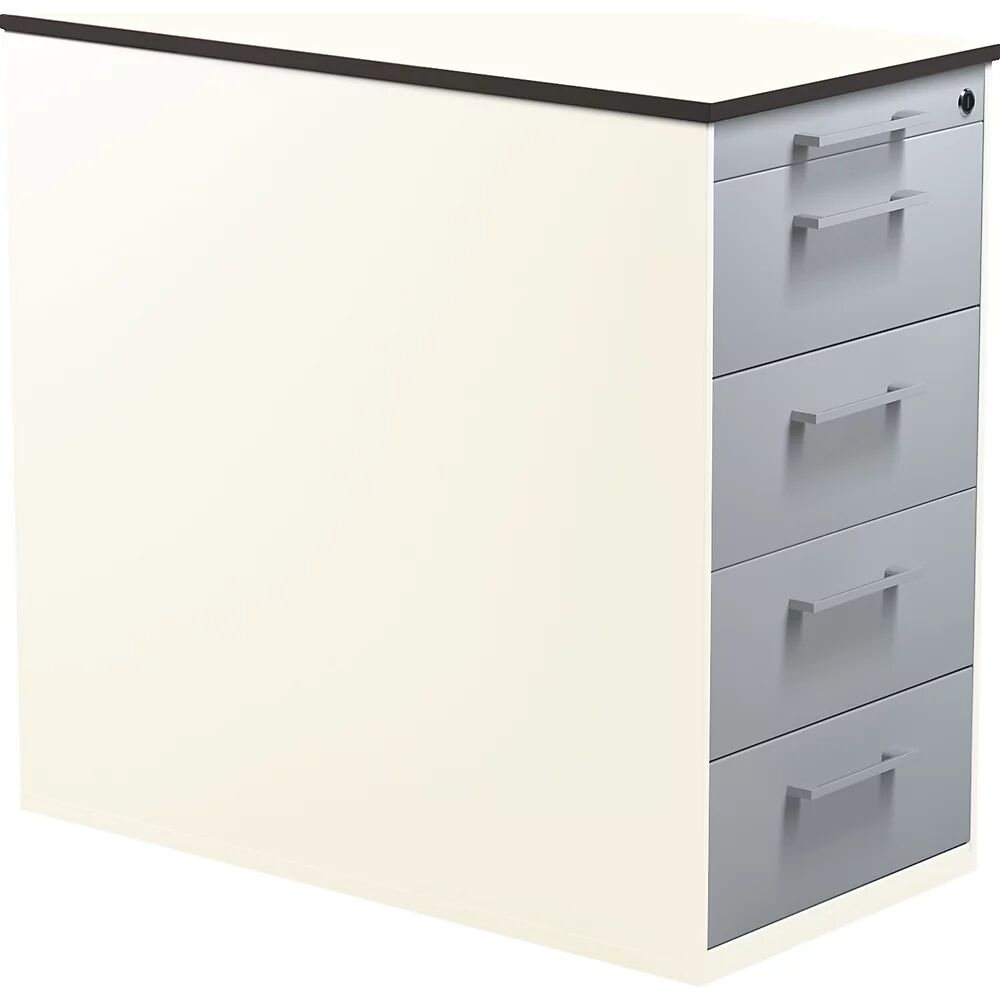 mauser Schubladencontainer mit Sockel Höhe 708 mm, HPL-Vollkernplatte, 4 Schubladen reinweiß / alusilber / weiß
