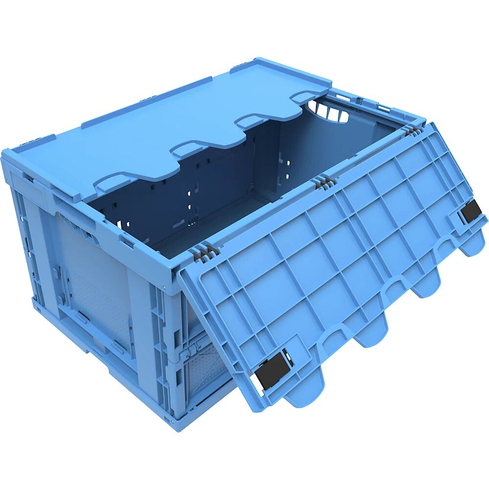 Faltbox aus Polypropylen Inhalt 60 l, mit anscharniertem Deckel blau, stapelbar