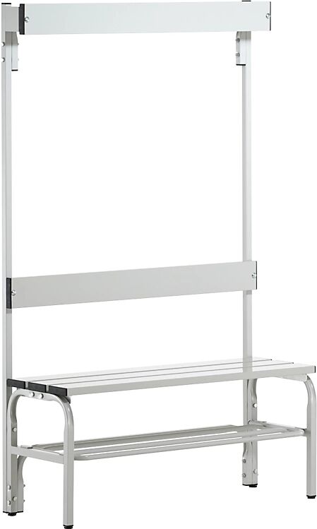 Sypro Umkleidebank aus Edelstahl HxT 1650 x 375 mm Länge 1015 mm, 3 Haken, lichtgrau, Schuhrost