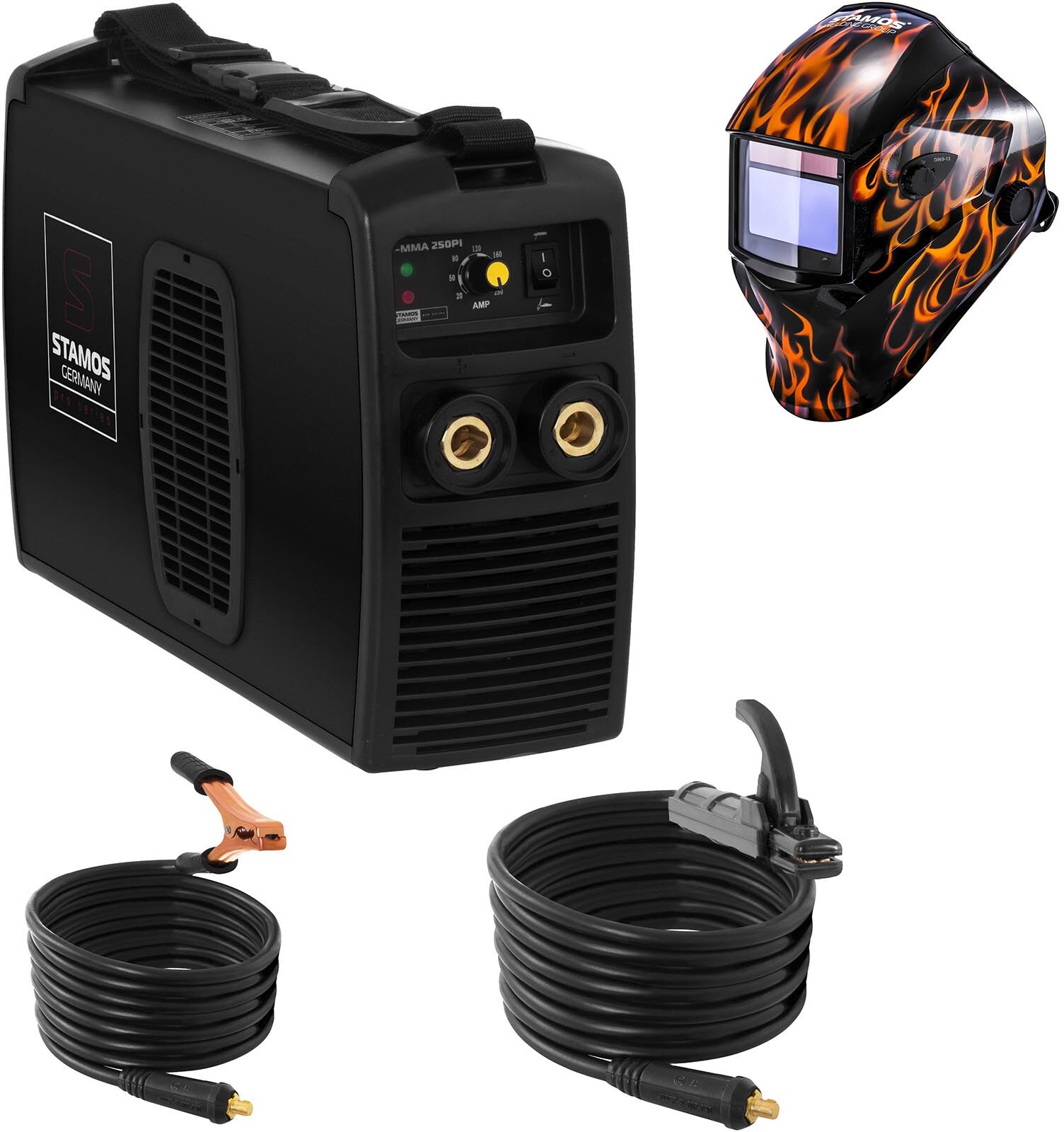 Stamos Pro Series Schweißset Elektroden Schweißgerät - 250 A - 230 V IGBT + Schweißhelm – Firestarter 500