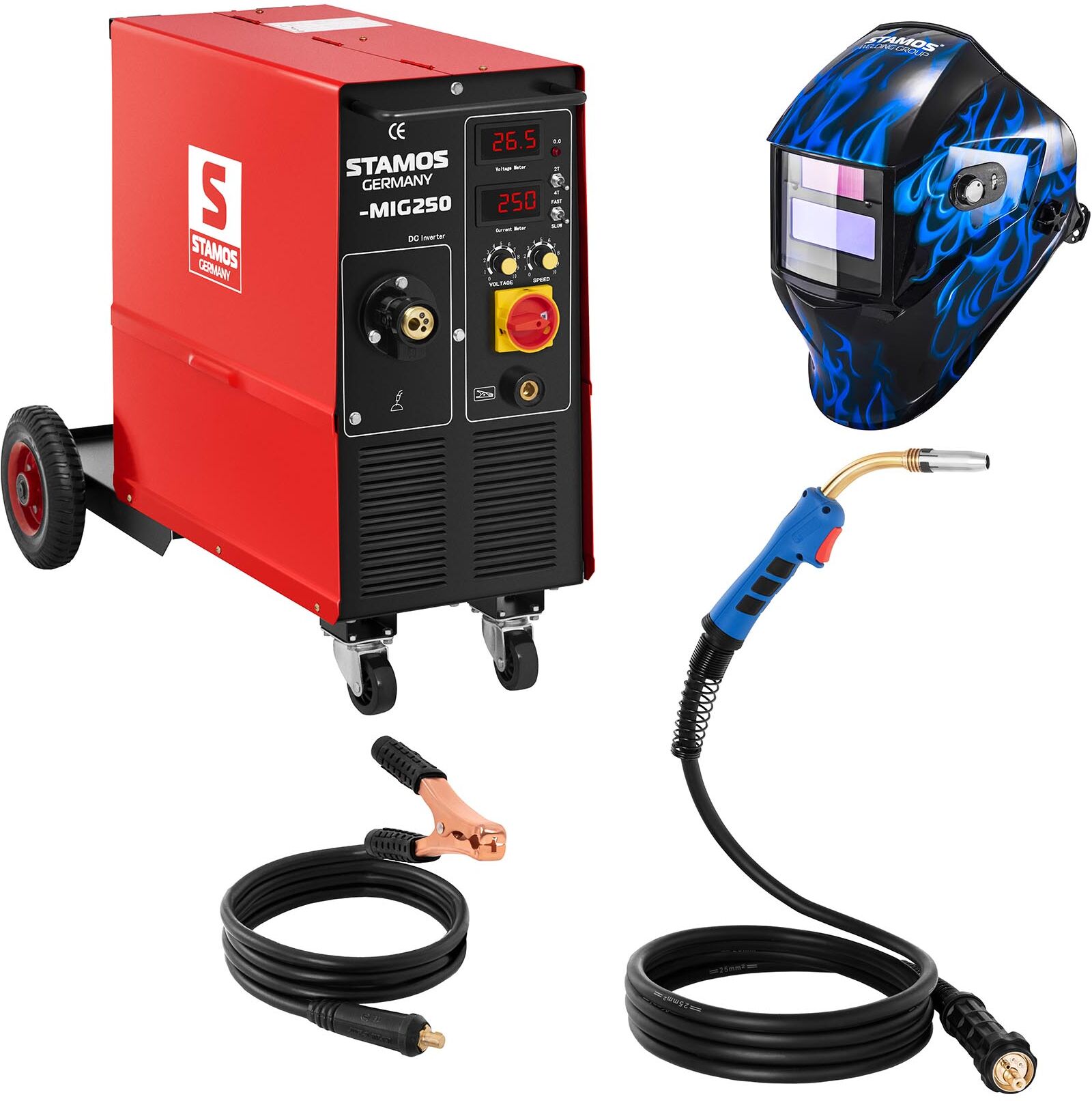 Stamos Basic Schweißset Elektroden Schweißgerät - 250 A - 230 V IGBT + Schweißhelm – Sub Zero