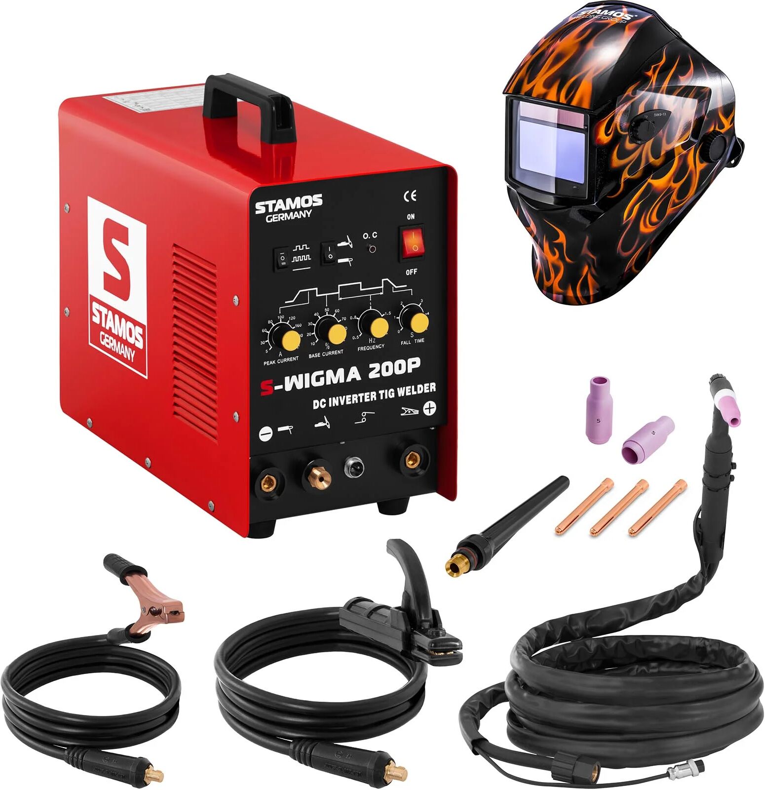 Stamos Basic Svařovací set TIG svářečka - 200 A - 230 V - Puls + Svářecí helma - Firestarter 500 - ADVANCED SERIES