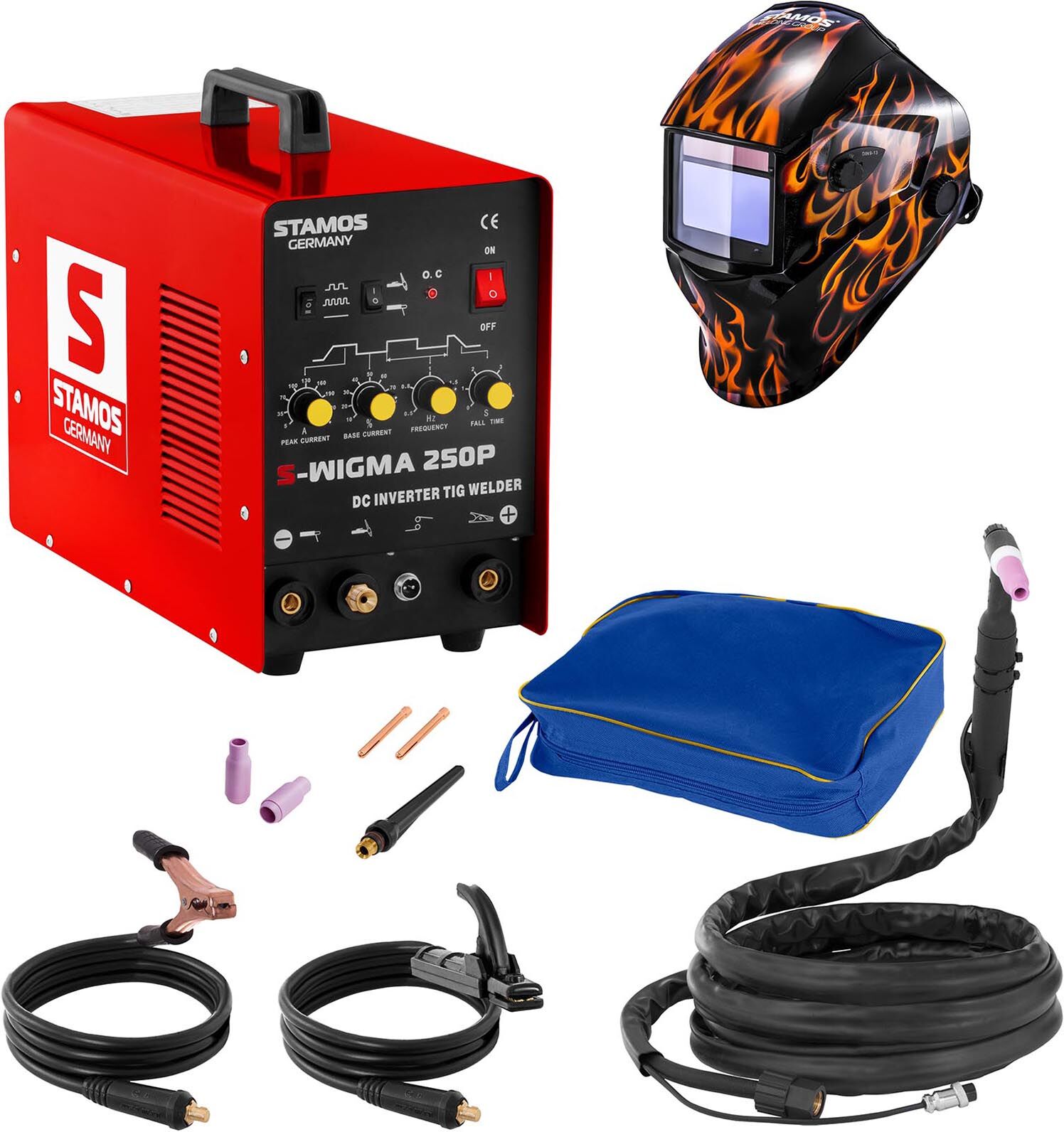 Stamos Basic Svařovací set TIG svářečka - 250 A - 230 V - Puls + Svářecí helma - Firestarter 500 - ADVANCED SERIES