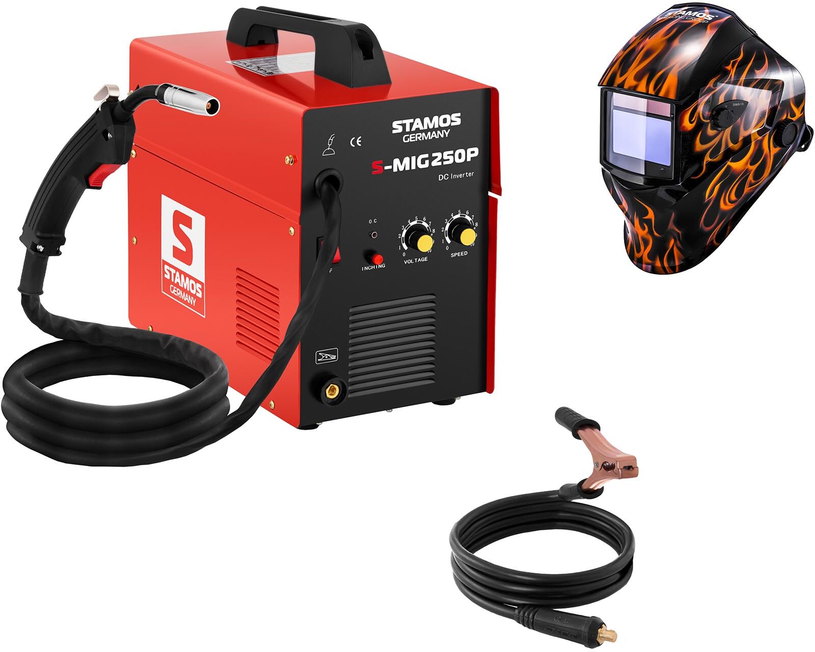 Stamos Basic Hitsaussetti MIG/MAG-hitsauskone - 250 A - 230 V - kannettava + Hitsausmaski – Firestarter 500 – ADVANCED SERIES