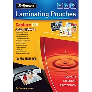 Fellowes Pochettes de plastification SuperQuick A4 - Epaisseur : 125 microns par face - Boîte de 100 - Publicité