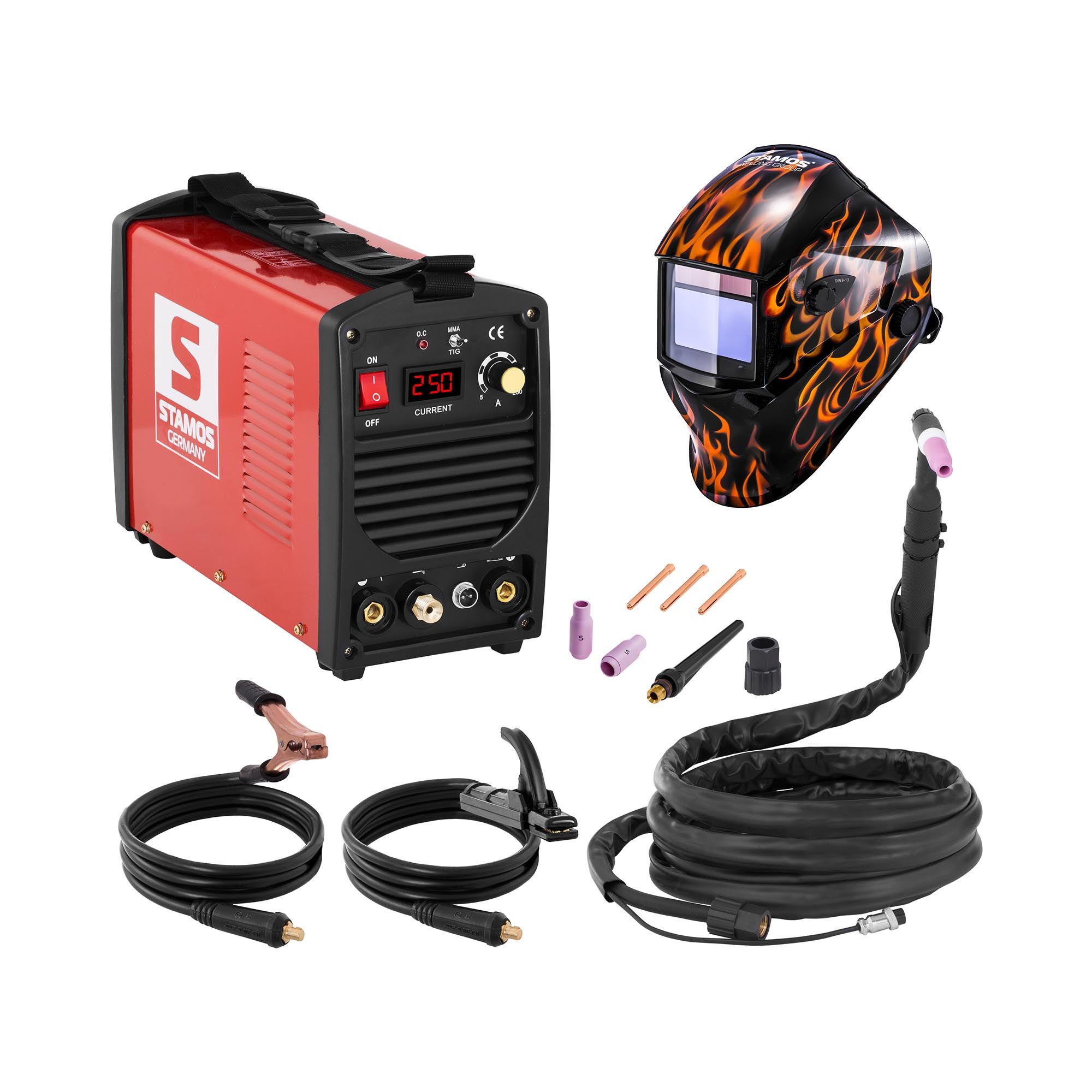 Stamos Basic Set di saldatura Saldatrice tig - 250 A - 230 V - portatile + Maschera da saldatore - Firestarter 500 - ADVANCED SERIES