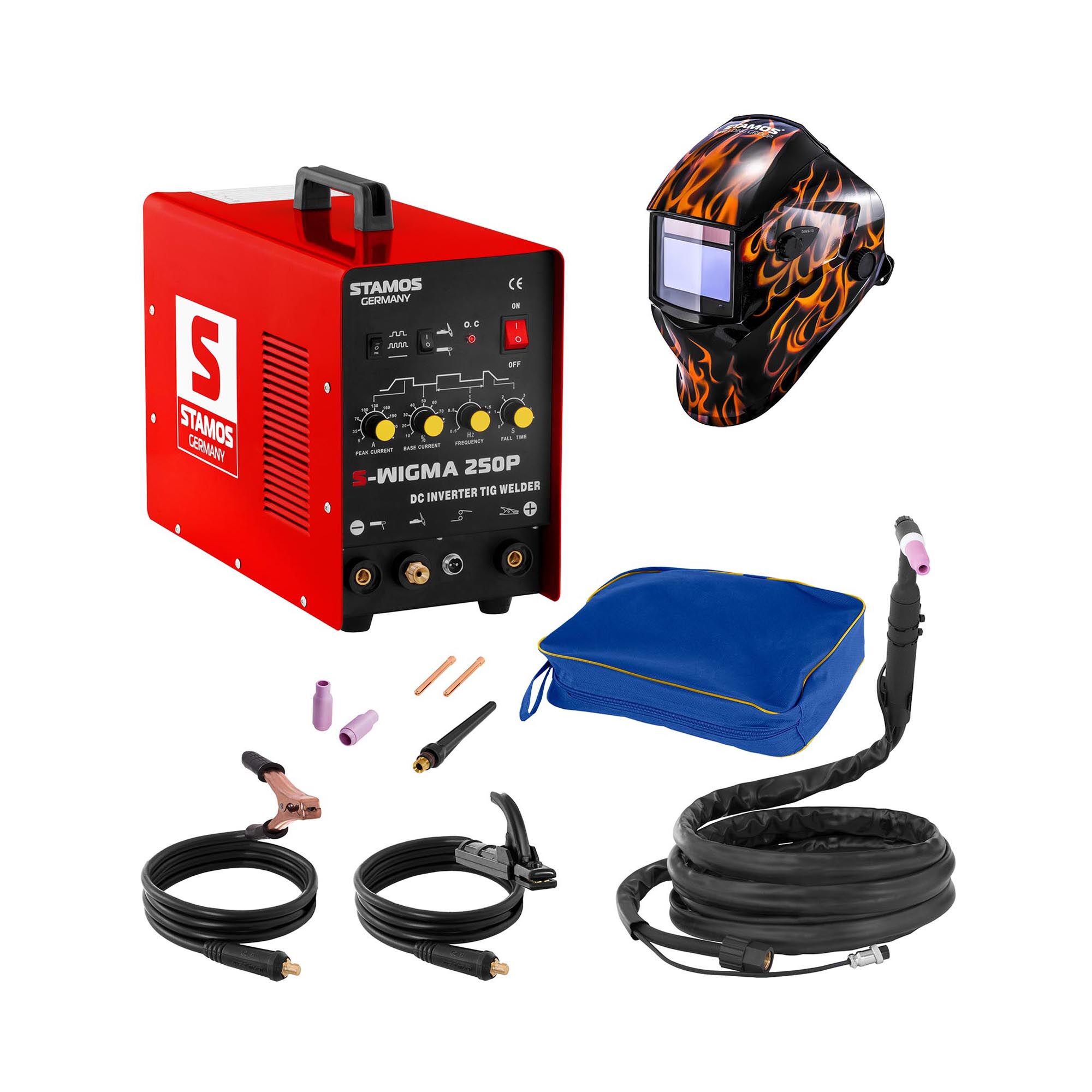 Stamos Basic Set di saldatura Saldatrice tig - 250 A - 230 V - Pulse + Maschera da saldatore - Firestarter 500 - ADVANCED SERIES