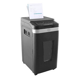 HP Pro Shredder Auto 400MC Aktenvernichter mit Partikelschnitt P-5, 2 x 12 mm, bis 400 Blatt, schwarz