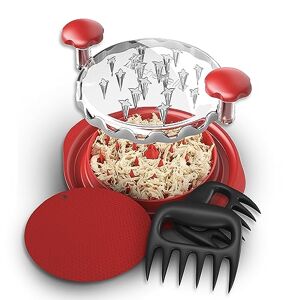 Generic Upgraded Meat Shredder Set - Bear Claws, Silicon Mat - Pulled Pork Shredding Twist Tool - Large Chicken Shredder Machine - Clear Lid, Easy Handle, Dishwasher Safe, Anti-Slip (Red)