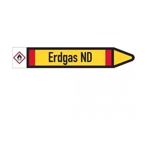 Dreifke® Rohrleitungskennzeichen-Etikett Erdgas ND, rechts, DIN, gelb/schwarz/rot, für Ø 25-40mm, 154x26mm, 5/Bogen