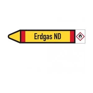 Dreifke® Rohrleitungskennzeichen-Etikett Erdgas ND, links, DIN, gelb/schwarz/rot, für Ø 15-25mm, 96x17mm, 8/Bogen