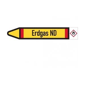 Dreifke® Rohrleitungskennzeichen-Etikett Erdgas ND, links, DIN, gelb/schwarz/rot, für Ø 40-60mm, 218x37mm, 5/Bogen