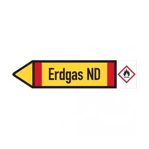 Dreifke® Rohrleitungskennzeichen-Etikett Erdgas ND, links, DIN, gelb/schwarz/rot, ab 90mm Ø, 440x100mm, 2/Bogen