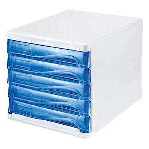 Schubladenbox helit, 5 Schübe, DIN A4, B 265 x H 250 x T 340 mm, Polypropylen, Gehäuse weiß/Schublade blau transparent