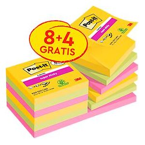 Post It Sparpaket Post-it® Haftnotizen Super Sticky Z-Notes R330-12SS-CARN, 76 x 76 mm, wiederablösbar, cellophanfrei verpackt, farbig, 12 Blöcke á 90 Blatt