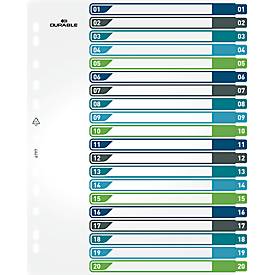 Register Durable, 20-teilig, DIN A4+, Indexblatt, EDV-beschriftbares Register, mit farbigen Taben