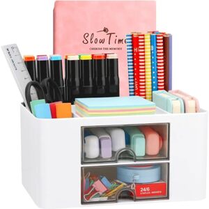 Creative & Simple Desk Organizer, 7 Grids, Plastic Bord Organizer med Skuffe, Multifunktionel Desk Organizer, Penholder til Skole, Kontor, Hjem - White