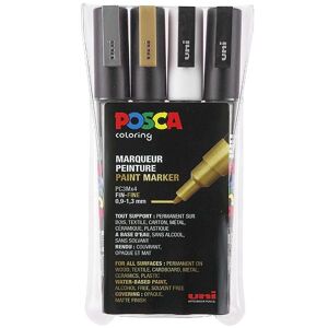 Posca Corner Markers - Pc-3m - 4 Stk - Guld/sølv/hvid/sort - Posca - Onesize - Farvesæt