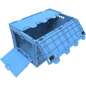 kaiserkraft Caja plegable de polipropileno, capacidad 65 l, cerrado con trampilla de extracción frontal, azul, con tapa de bisagras, apilable