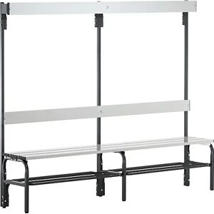 Sypro Banco de acero inoxidable para vestuarios, H x P 1650 x 375 mm, longitud 2000 mm, 6 ganchos, antracita, rejilla para zapatos