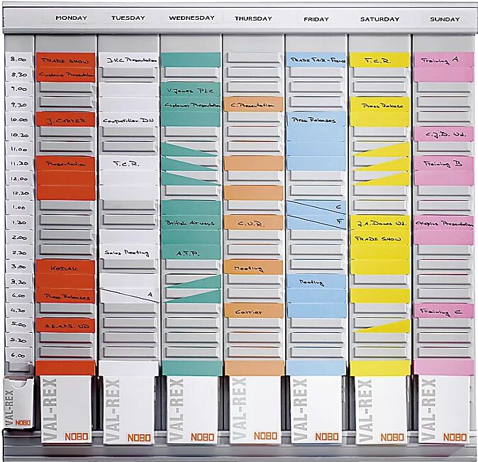 kaiserkraft Planificador de tarjetas en T, planificador semanal, 7 módulos con 24 ranuras cada uno, con 800 tarjetas en T en 8 colores