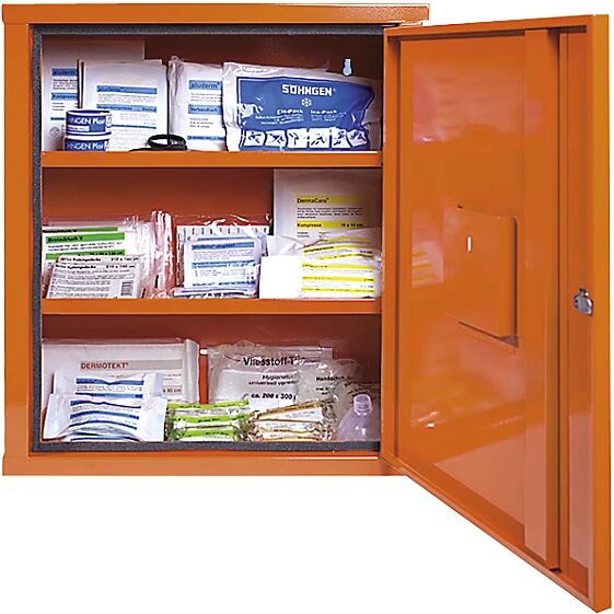 SÖHNGEN Armario botiquín según DIN 13169, de una puerta, naranja señal, H x A x P 560 x 490 x 200 mm, con contenido