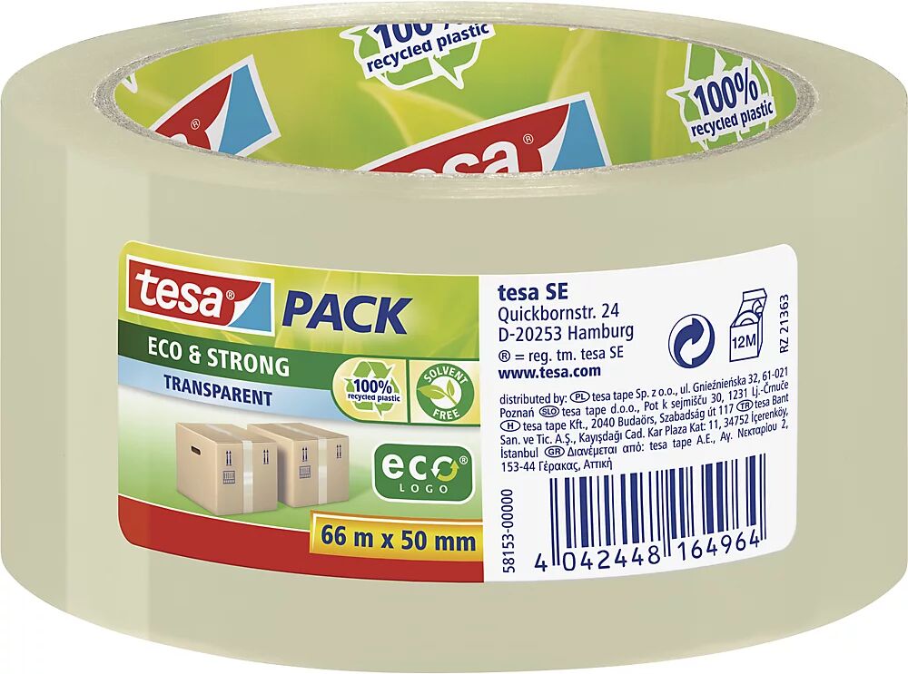 tesa Cinta de embalaje de PP, pack® Eco & Strong, UE 36 rollos, transparente, anchura de cinta 50 mm