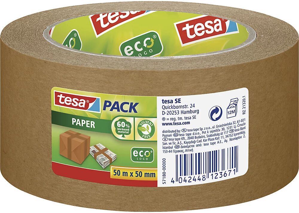 tesa Cinta adhesiva de papel, pack® Paper ecoLogo®, UE 36 rollos, marrón, anchura de cinta 50 mm