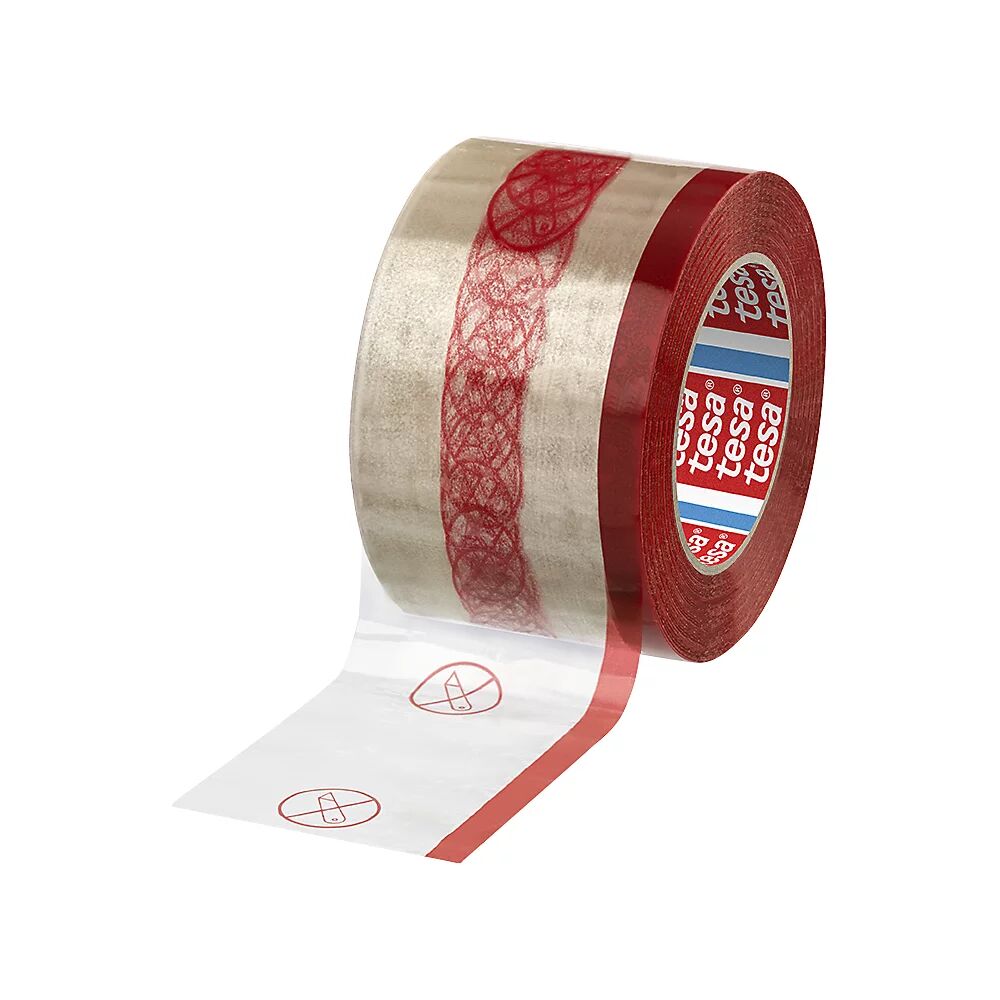 tesa Cinta de embalaje de PP, pack® con zona de levantamiento, UE 36 rollos, transparente/roja, anchura de cinta 40 mm, adhesiva, 10 mm libres