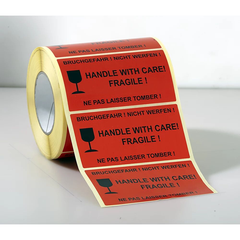 kaiserkraft Etiquetas de advertencia, 1000 unid.por rollo, UE 6 rollos, impresión ''Handle with care! Fragile!''