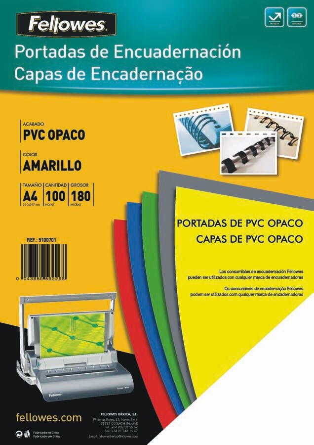 Fellowes Tapa de encuadernar A4  PVC 180 micras amarillo 100u