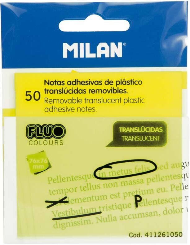 Milan Notas adhesivas translúcidas  76x76mm amarillo fluo