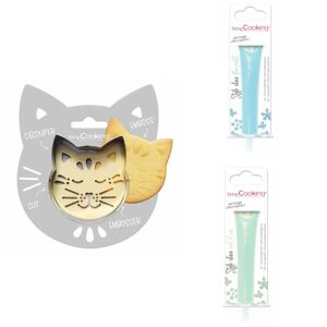 Kit pour biscuit en relief Chat + 2 Stylos au chocolat bleu pastel et vert d'eau Scrapcooking