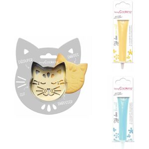 Kit pour biscuit en relief Chat + 2 Stylos au chocolat jaune pastel et bleu pastel Scrapcooking