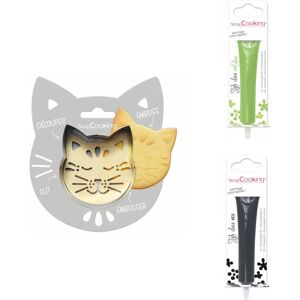 Kit pour biscuit en relief Chat + 2 Stylos au chocolat vert clair et noir Scrapcooking