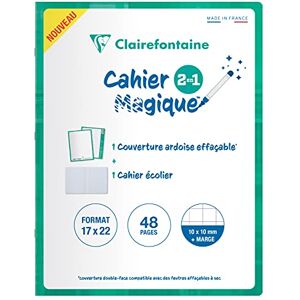 Clairefontaine 66710C Un Cahier Magique Agrafé 17x22 cm 48 Pages Quadrillées 10x10 mm avec Marge Papier Blanc 90 g Couverture Ardoise Double-Face Effaçable à Sec - Publicité