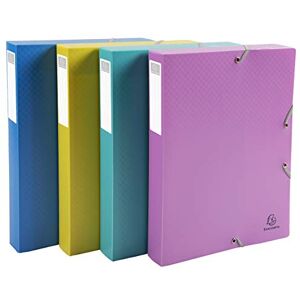 EXACOMPTA -Réf 59190E-Lot de 4 boites de classement dos de 40mm-fermeture par élastiques -en polypro opaque -Forever Young -25x33cm pour format A4 -couleurs assorties bleu, fuchsia, jaune, turquoise - Publicité