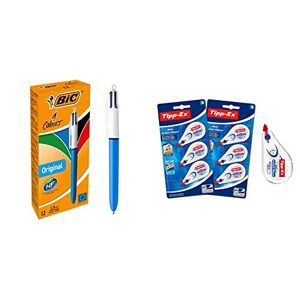 BIC 4 Couleurs Original Stylos-Bille Rétractables Pointe Moyenne (1,0 mm) & Tipp-Ex Correction Mini Pocket Mouse Rubans Correcteurs Très Résistant 6 m x 5 mm, Lot de 2 Blisters de 3 - Publicité