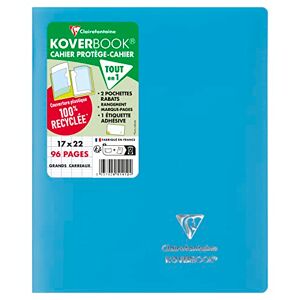 Clairefontaine 951412C Un Cahier Agrafé Koverbook Bleu Turquoise 17x22 cm 96 Pages Grands Carreaux Papier Blanc 90 g Couverture Opaque Polypro Recyclé - Publicité