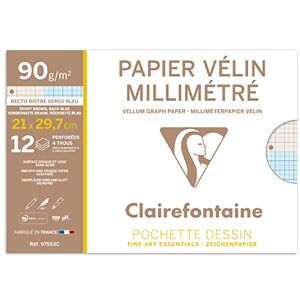 Clairefontaine 97553C Pochette Dessin Scolaire 12 Feuilles Perforées Papier Vélin Millimétré A4 21x29,7 cm 90g Idéal pour les Travaux Géométriques et les Dessins Techniques - Publicité