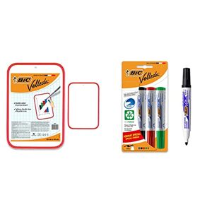 BIC Velleda Tableau Double Face Effaçable à Sec (30x44 cm), Bordure Rouge, Lot de 1 & 1701 ECOlutions Feutres pour Tableau Blanc Effaçables à Sec à Pointe Conique Moyenne Blister Format Spécial de 4 - Publicité