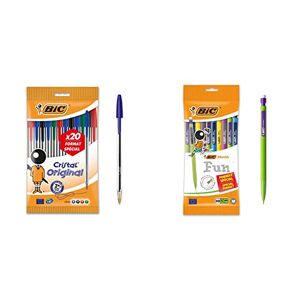 BIC Cristal Original Stylos-Bille Pointe Moyenne (1,0 mm) Pochette Format Spécial de 20 & Matic Fun Porte Mines 0,7 mm HB avec Gomme Couleurs Assorties, Pochette Format Spécial de 10 - Publicité