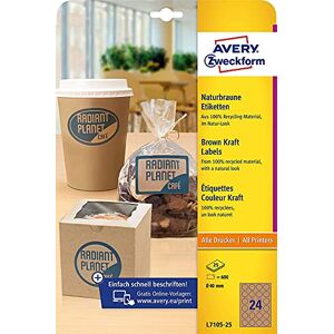 Avery L7105-25 Lot de 25 Étiquettes en Papier Kraft (600 Autocollants pour Imprimer, Ø 40 mm sur A4, Autocollants de Produit Durables, Marron Naturel - Publicité