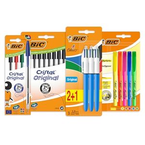 BIC Kit Les Essentiels , 3 Stylos 4 Couleurs, 5 Highlighter Surligneurs, 14 Cristal Original Stylos-Bille, Lot de 22 produits - Publicité