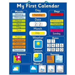 Fridgemagic Calendrier d'apprentissage magnétique interactif pour enfants Bleu Outil éducatif amusant pour la sensibilisation au temps, aux saisons et aux intempéries 40 x 32 cm Avec boucle de suspension - Publicité