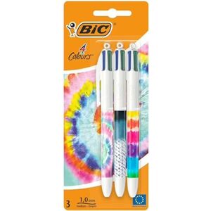 BIC 4 Couleurs Stylo-Bille Rétractable Pointe Moyenne DECOR TIE DYE Blister x 3 - Publicité