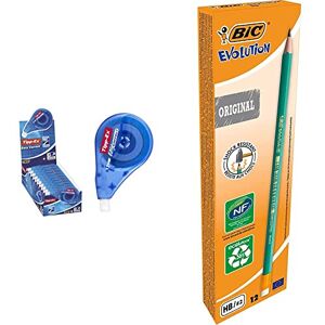 BIC Tipp-Ex Easy Correct Ruban Correcteur 12 m x 4,2 mm, Boîte de 10 & Evolution Original Crayons à Papier avec Gomme Intégrée, Certifiés NF Environnement, Pointe HB, Boîte de 12 - Publicité