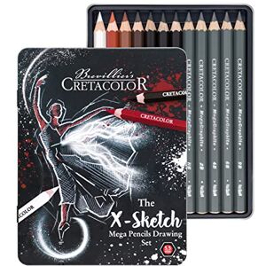 CRETACOLOR X Mega Drawing Boîte de 12 crayons à croquis, craie blanche, huile de sanguine, sépia, sépia, noir, graphite - Publicité